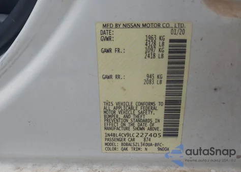 2020 Nissan Altima Sr Fwd from USA, damaged, VIN 1N4BL4CV9LC227405